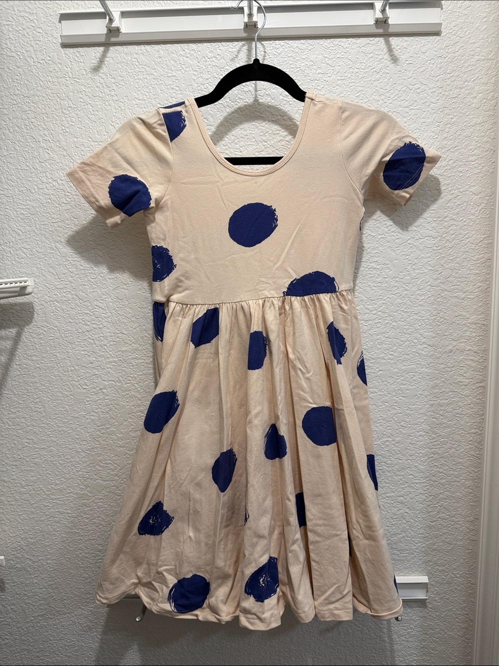 Beige Girls' Casual Dress with Navy Blue Polka Dots